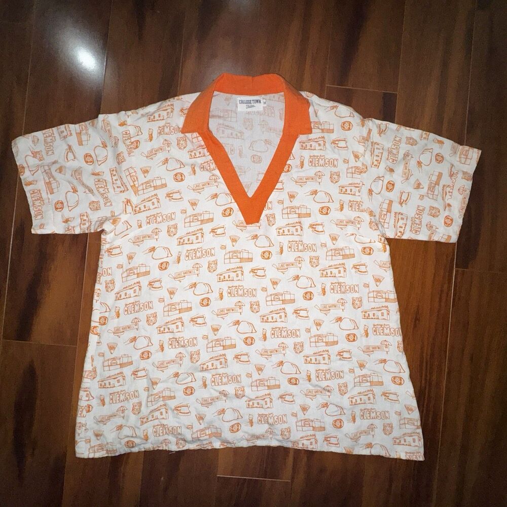 Clemson Tigers All Over Print Shirt Medium Linen Blend V Neck Orange
